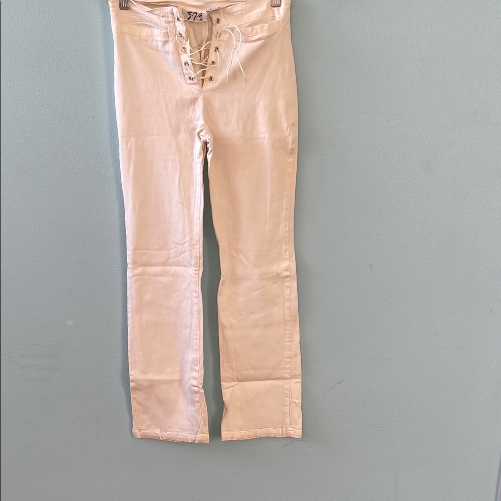 579 Lace-Up Straight Leg Pants in Light Cream